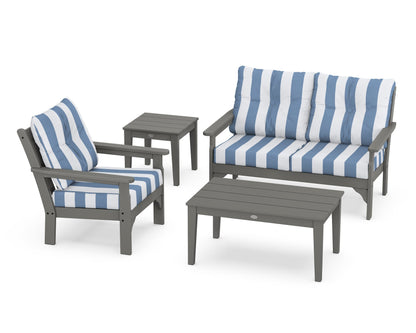 POLYWOOD Vineyard 4-Piece Deep Seating Set with 36" Coffee Table in Slate Grey / Cabana Stripe Sky Blue