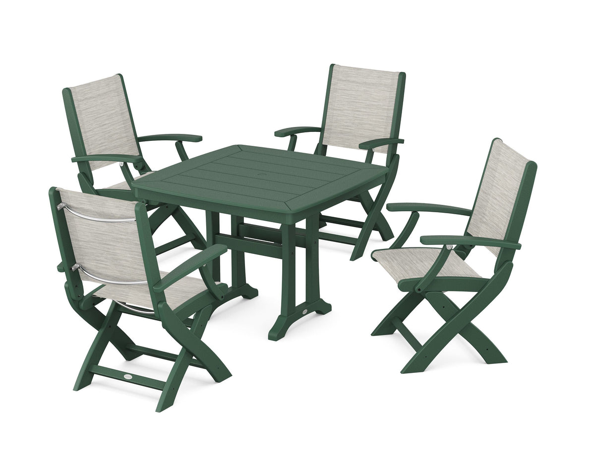POLYWOOD Coastal Folding Chair 5-Piece Dining Set with Trestle Legs in Green / Birch