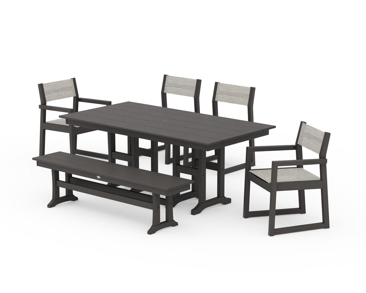 POLYWOOD EDGE Sling 6-Piece Farmhouse Dining Set in Vintage Coffee / Birch