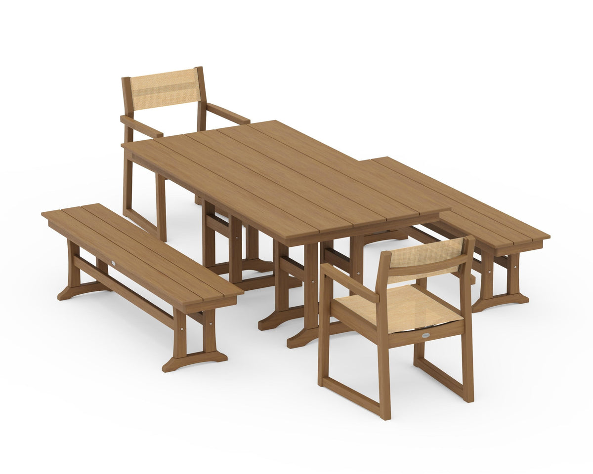 POLYWOOD EDGE Sling Arm Chair 5-Piece Farmhouse Dining Set with Benches in Natural / Dupioni Apricot
