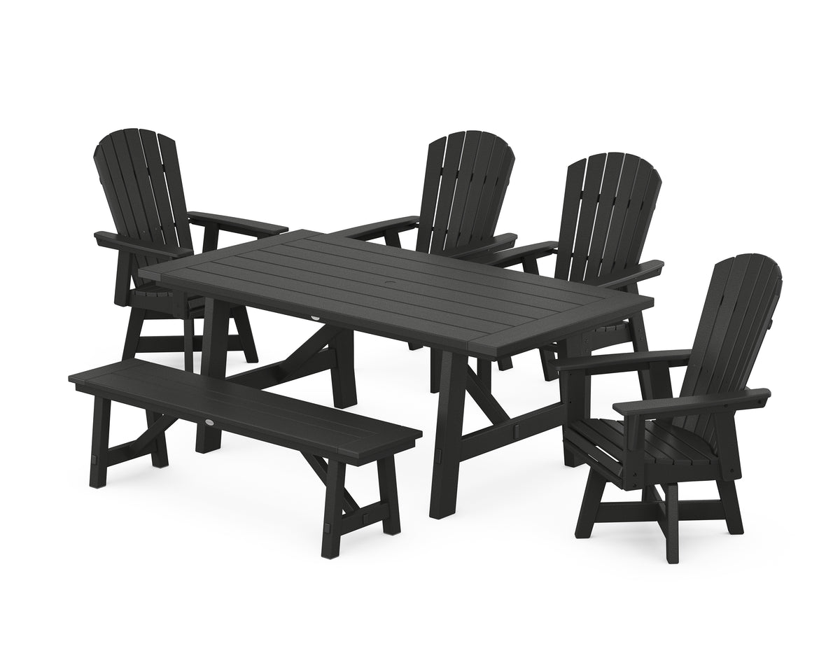 POLYWOOD Nautical Adirondack Swivel 6-Piece Rustic Farmhouse Dining Set with Trestle Legs in Black