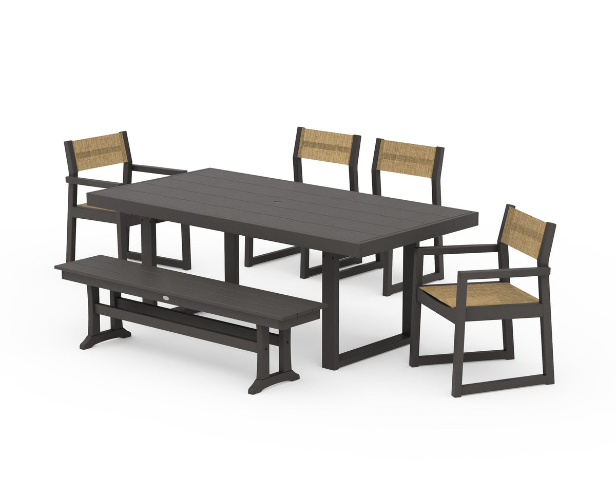 POLYWOOD EDGE Sling 6-Piece Dining Set with Bench in Vintage Coffee / Burlap