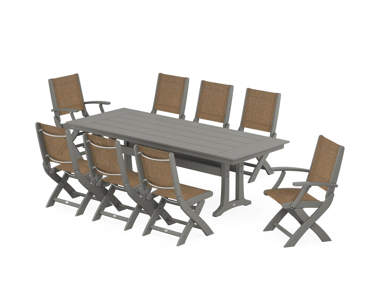 POLYWOOD Coastal 9-Piece Folding Dining Chair Farmhouse Dining Set with Trestle Legs in Slate Grey / Burlap