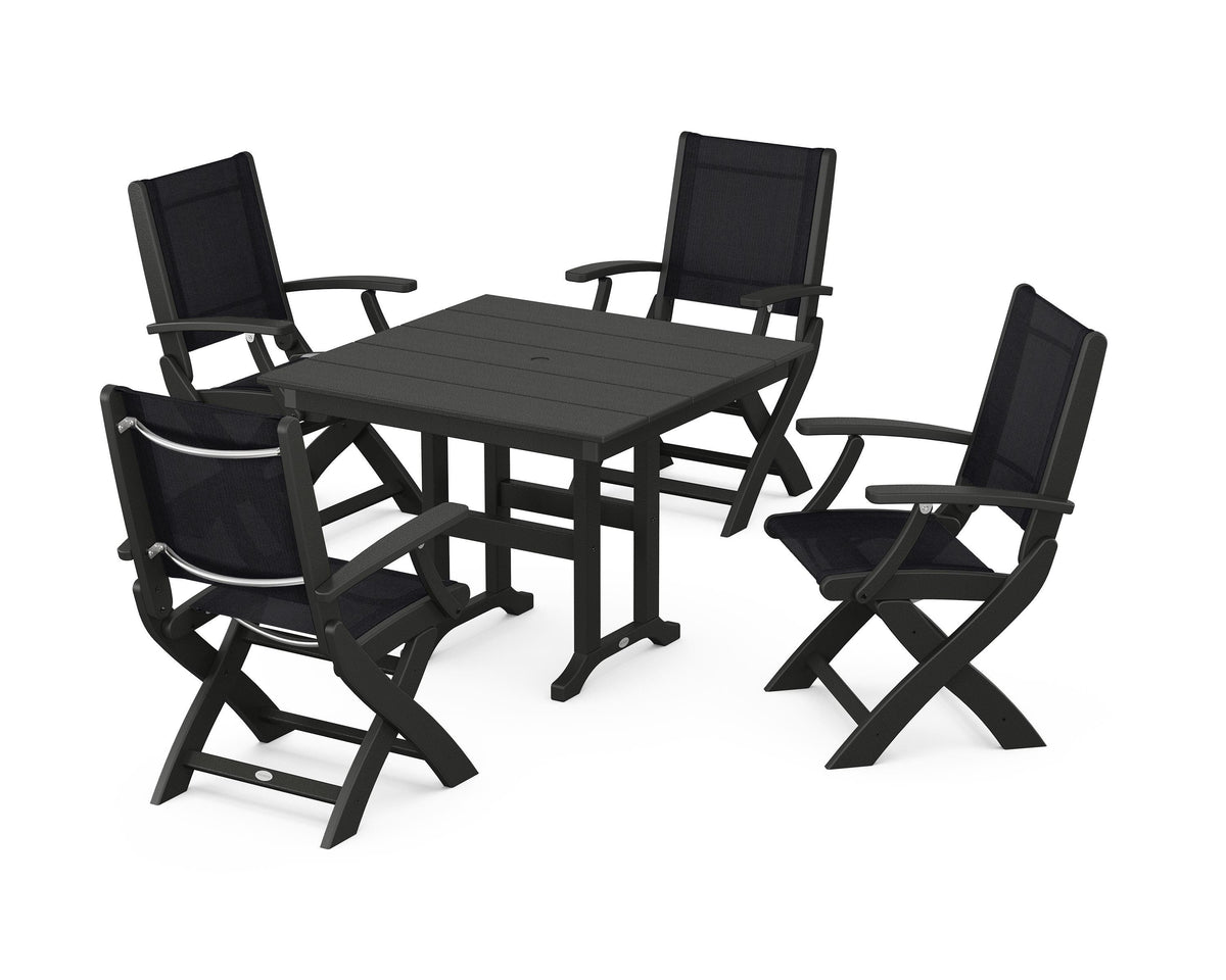 POLYWOOD Coastal Folding Chair 5-Piece Farmhouse Dining Set in Black / Black
