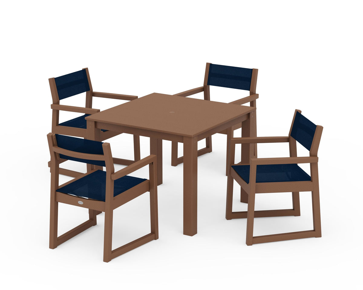 POLYWOOD EDGE Sling Arm Chair 5-Piece Parsons Dining Set in Teak / Navy Blue