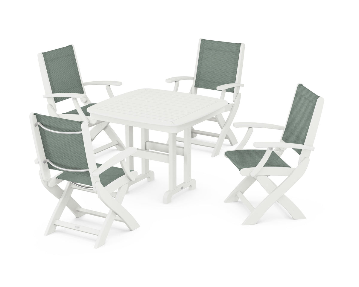 POLYWOOD Coastal Folding Chair 5-Piece Dining Set with Nautical 37" Dining Table in Vintage White / Dupioni Sea Mist