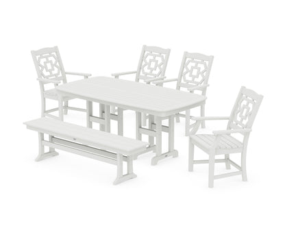 POLYWOOD Chinoiserie 6-Piece Dining Set with Bench in Vintage White