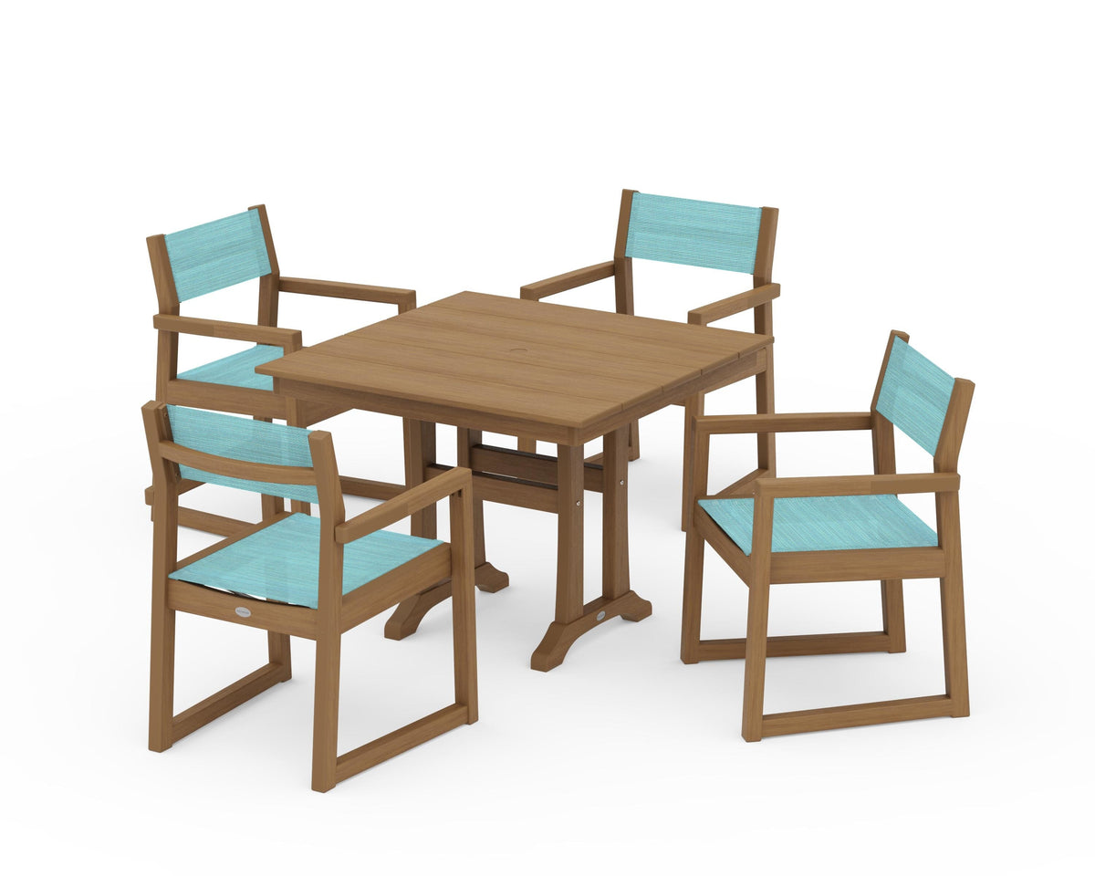 POLYWOOD EDGE Sling 5-Piece Farmhouse Dining Set with Trestle Legs in Natural / Dupioni Aquamarine