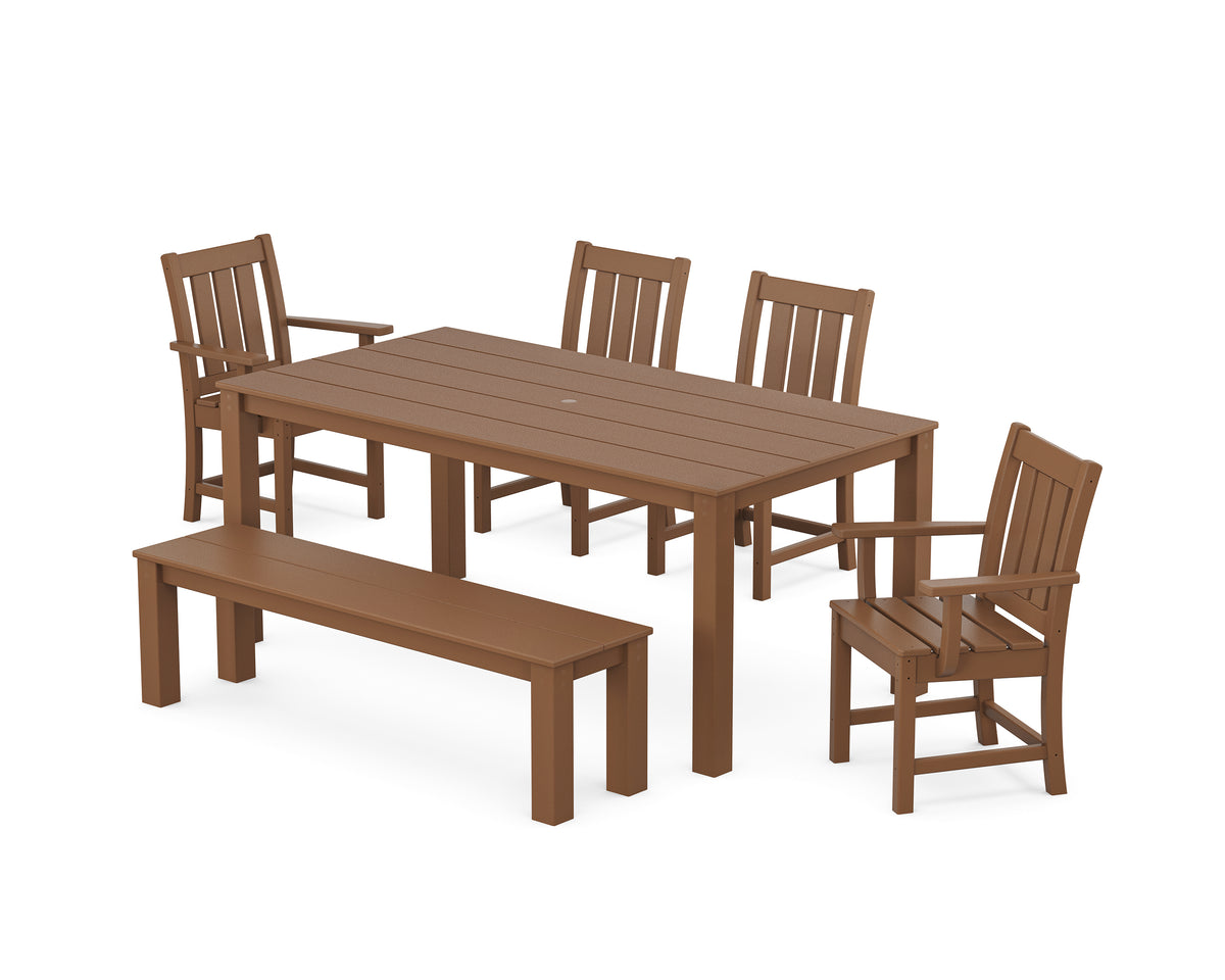 POLYWOOD Oxford 6-Piece Parsons Dining Set with Bench with Oxford Dining Side Chair in Teak