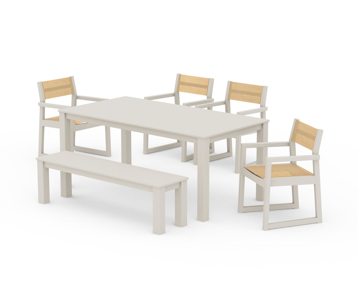 POLYWOOD EDGE Sling Arm Chair 6-Piece Parsons Dining Set with Bench in Sand / Dupioni Apricot