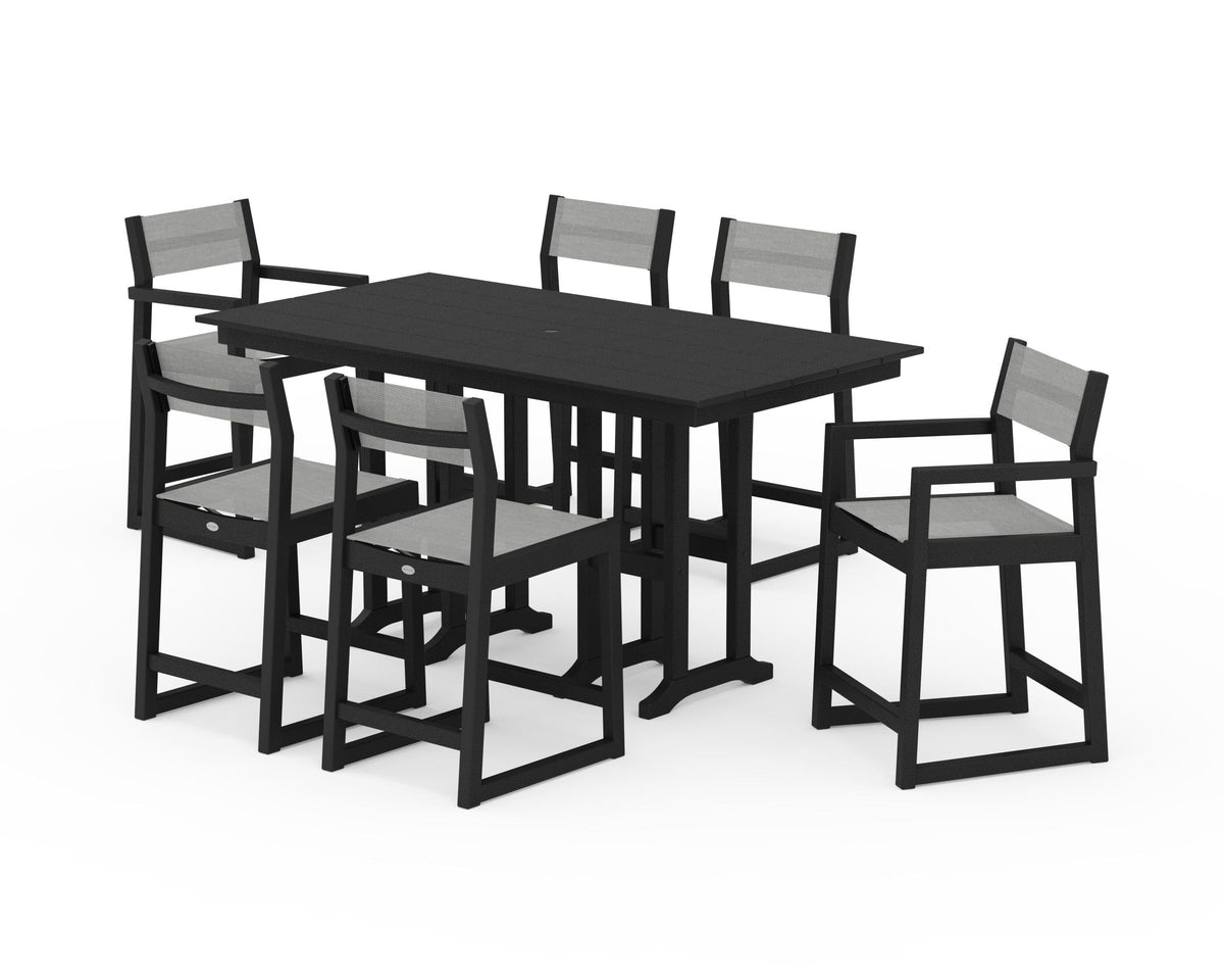 POLYWOOD EDGE Sling 7-Piece Farmhouse Counter Set with Trestle Legs in Black / Metallic