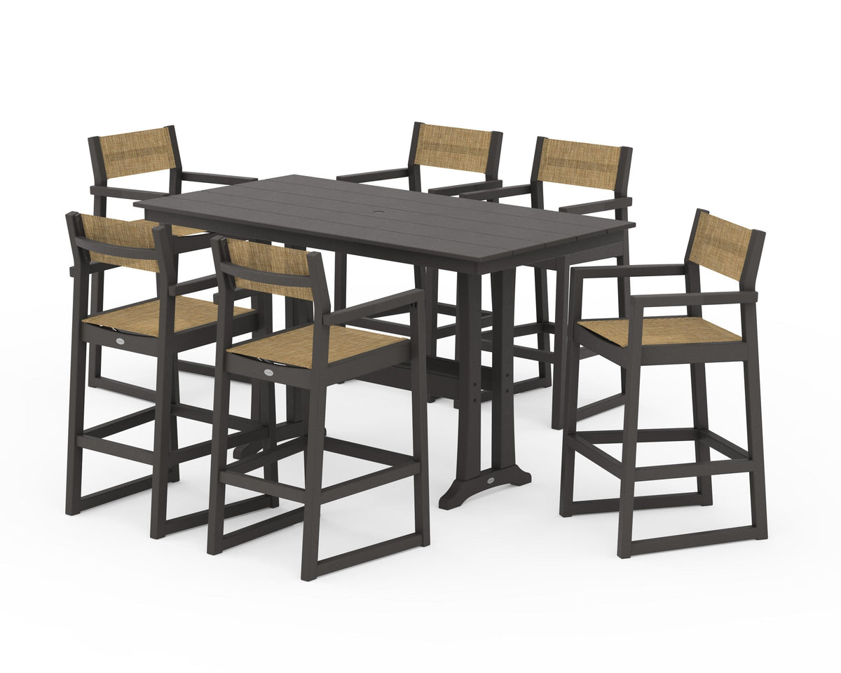 POLYWOOD EDGE Sling Arm Chair 7-Piece Farmhouse Bar Set with Trestle Legs in Vintage Coffee / Burlap