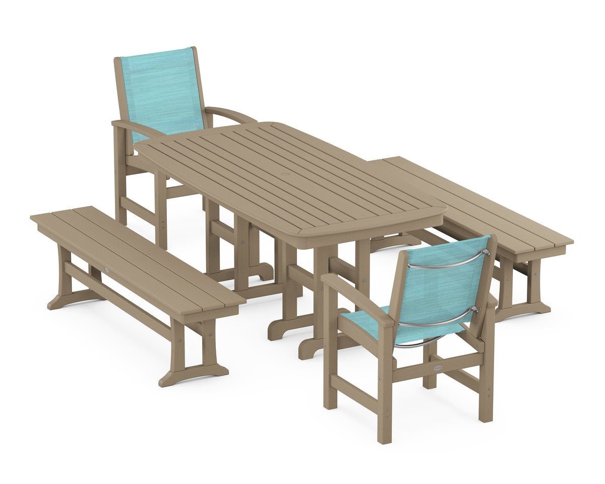 POLYWOOD Coastal 5-Piece Dining Set with Nautical 37" x 72" Dining Table in Vintage Sahara / Dupioni Aquamarine