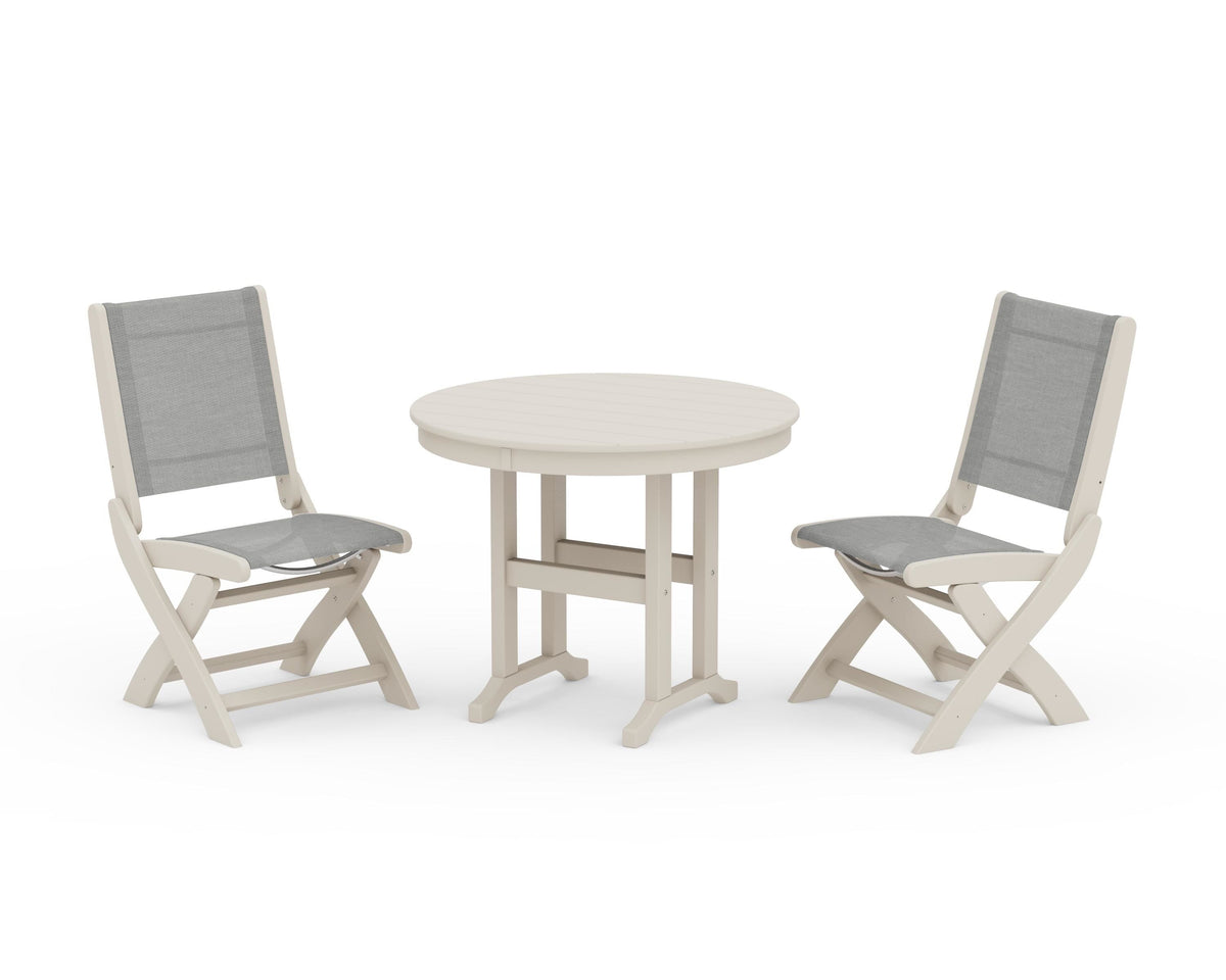 POLYWOOD Coastal Folding Side Chair 3-Piece Round Dining Set in Sand / Metallic