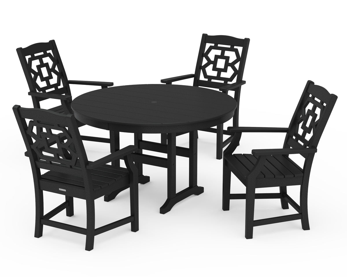 POLYWOOD Chinoiserie 5-Piece Round Farmhouse Dining Set in Black