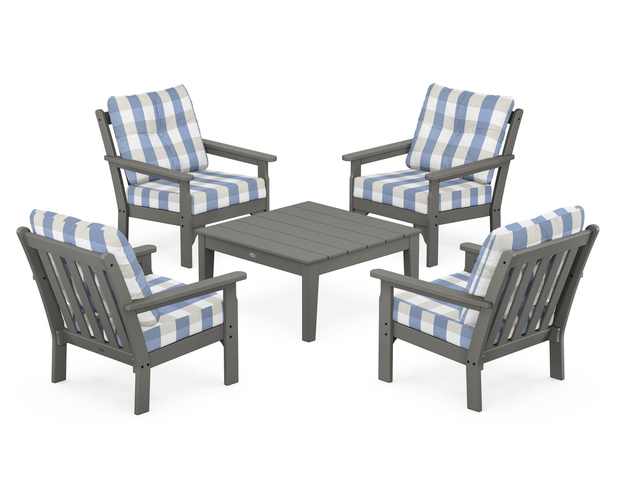 POLYWOOD Vineyard 5-Piece Deep Seating Conversation Set in Slate Grey / Buffalo Plaid Sky Blue