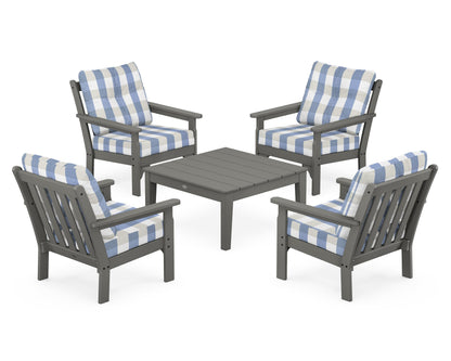 POLYWOOD Vineyard 5-Piece Deep Seating Conversation Set in Slate Grey / Buffalo Plaid Sky Blue
