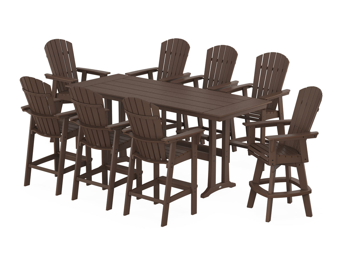 POLYWOOD Nautical Curveback Adirondack Swivel Chair 9-Piece Farmhouse Bar Set with Trestle Legs in Mahogany