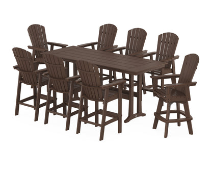 POLYWOOD Nautical Curveback Adirondack Swivel Chair 9-Piece Farmhouse Bar Set with Trestle Legs in Mahogany