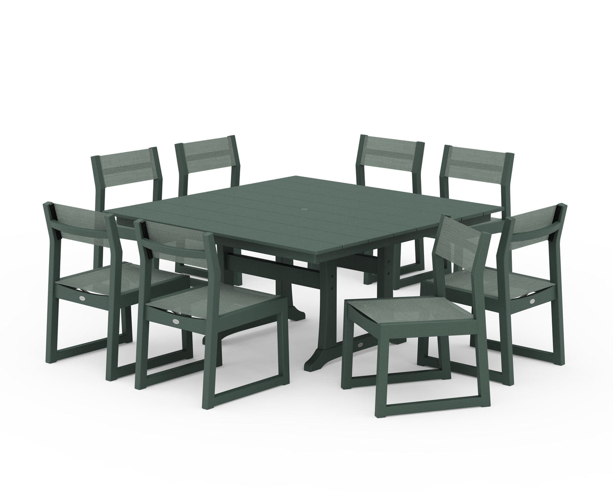 POLYWOOD EDGE Sling Side Chair 9-Piece Farmhouse Trestle Dining Set in Green / Dupioni Sea Mist