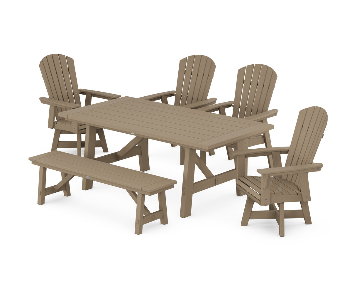 POLYWOOD Nautical Adirondack Swivel 6-Piece Rustic Farmhouse Dining Set with Trestle Legs in Vintage Sahara