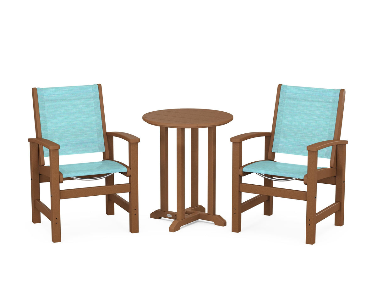 POLYWOOD Coastal 3-Piece Round Bistro Dining Set in Teak / Dupioni Aquamarine