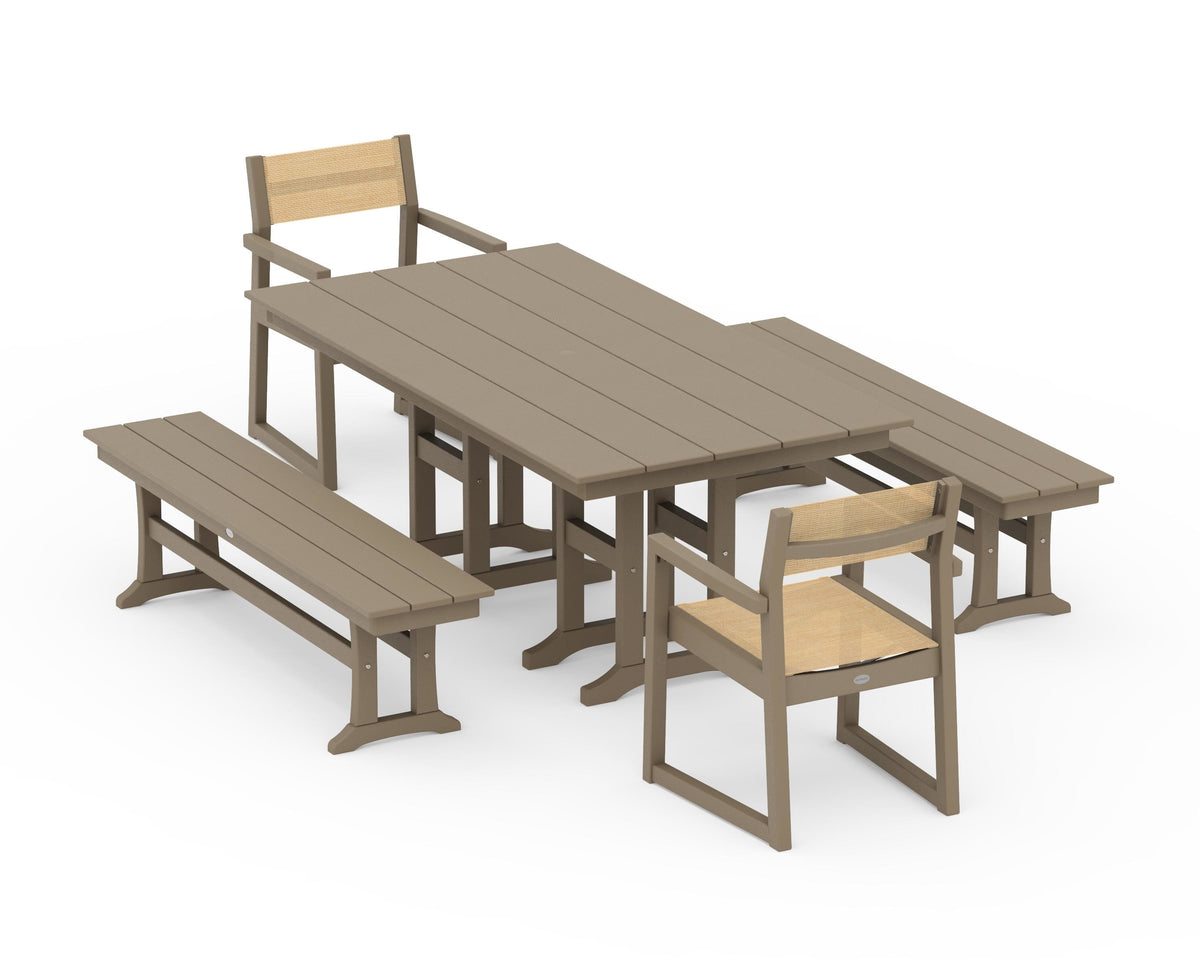 POLYWOOD EDGE Sling Arm Chair 5-Piece Farmhouse Dining Set with Benches in Vintage Sahara / Dupioni Apricot
