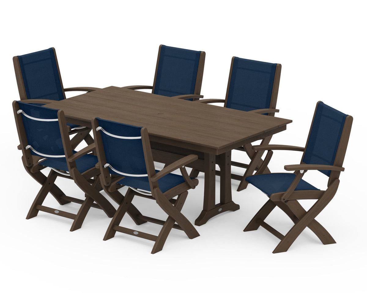 POLYWOOD Coastal Folding Arm Chair 7-Piece Farmhouse Dining Set with Trestle Legs in Kona / Navy Blue