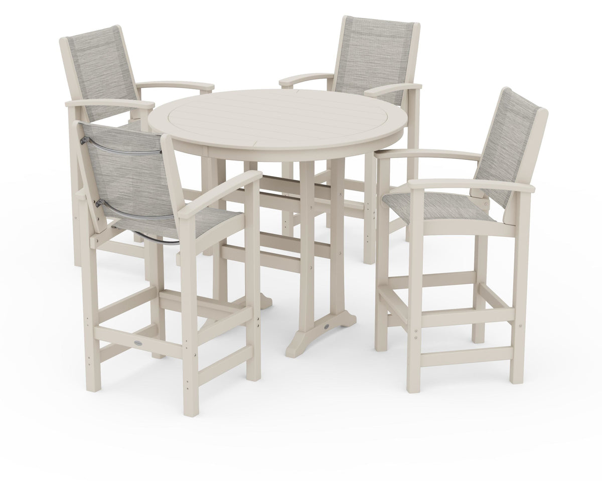 POLYWOOD Coastal 5-Piece Nautical Trestle Bar Set in Sand / Birch