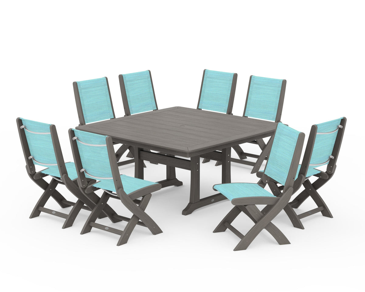 POLYWOOD Coastal Folding Side Chair 9-Piece Dining Set with Trestle Legs in Driftwood / Dupioni Aquamarine