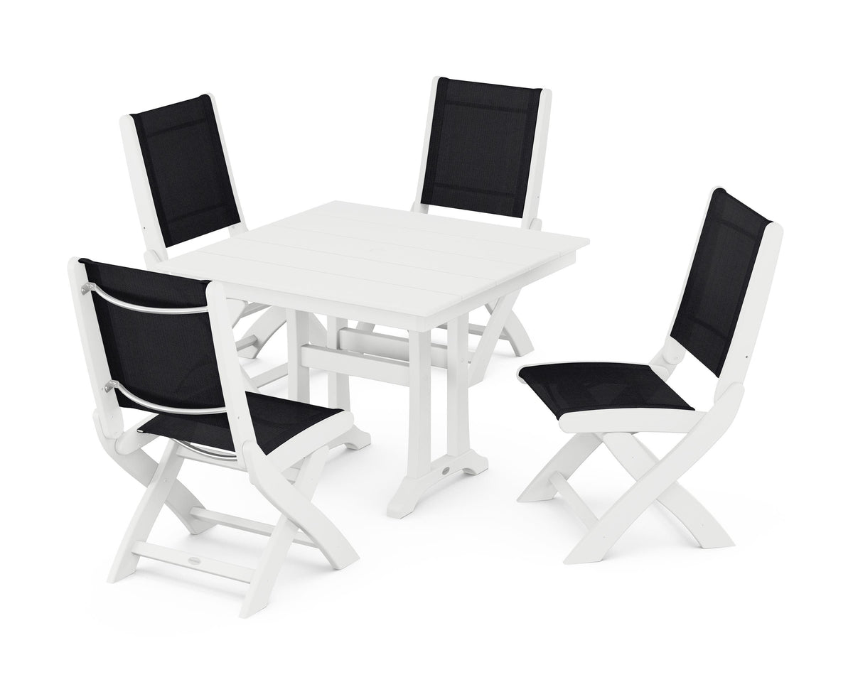 POLYWOOD Coastal Folding Side Chair 5-Piece Farmhouse Dining Set With Trestle Legs in White / Black