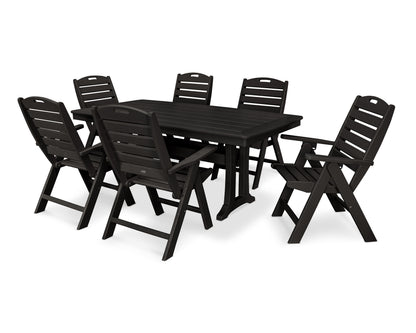 POLYWOOD Nautical Folding Highback Chair 7-Piece Dining Set with Trestle Legs in Black