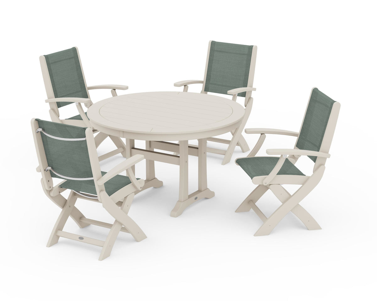 POLYWOOD Coastal Folding Chair 5-Piece Round Dining Set with Trestle Legs in Sand / Dupioni Sea Mist