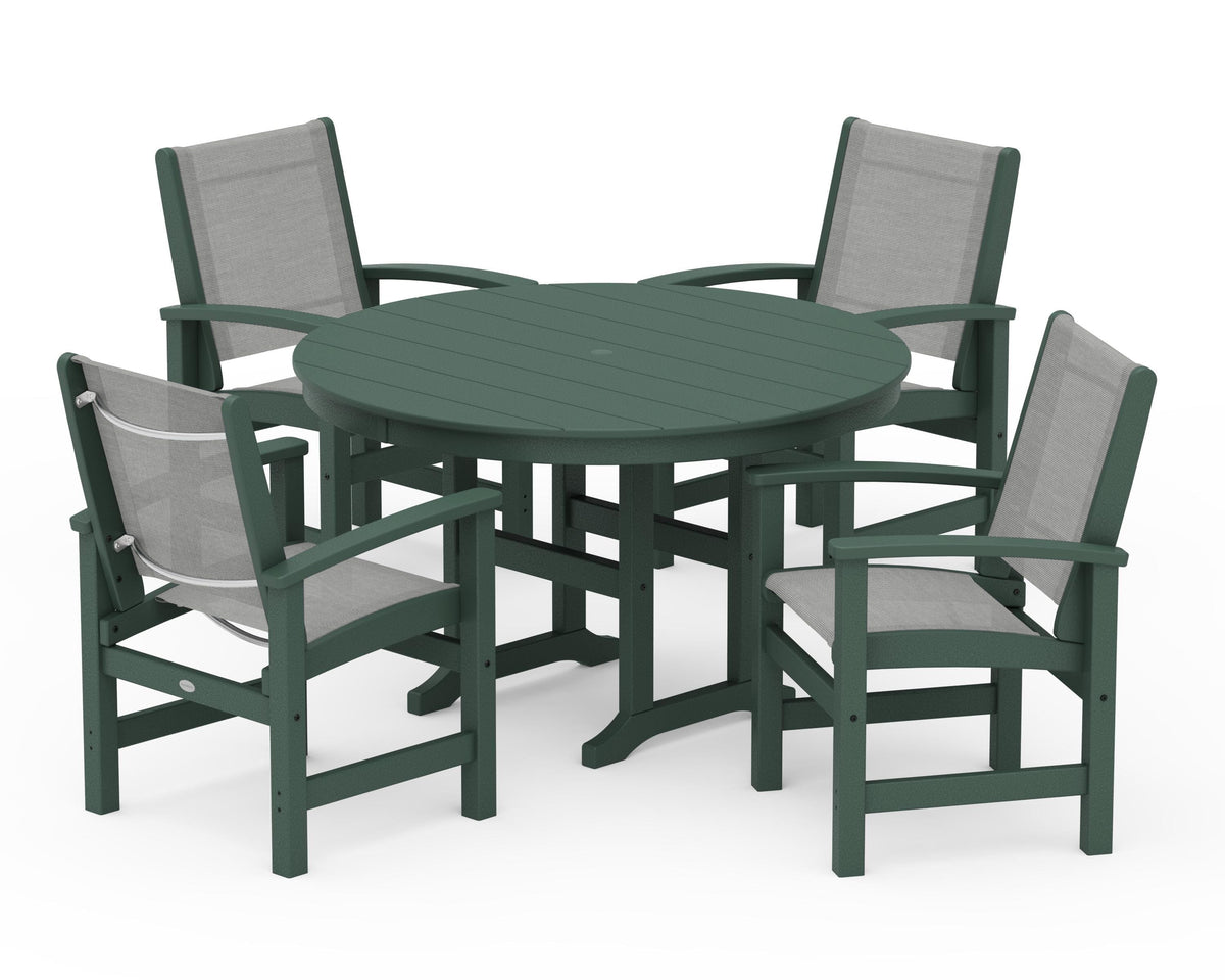POLYWOOD Coastal 5-Piece Round Farmhouse Dining Set in Green / Metallic