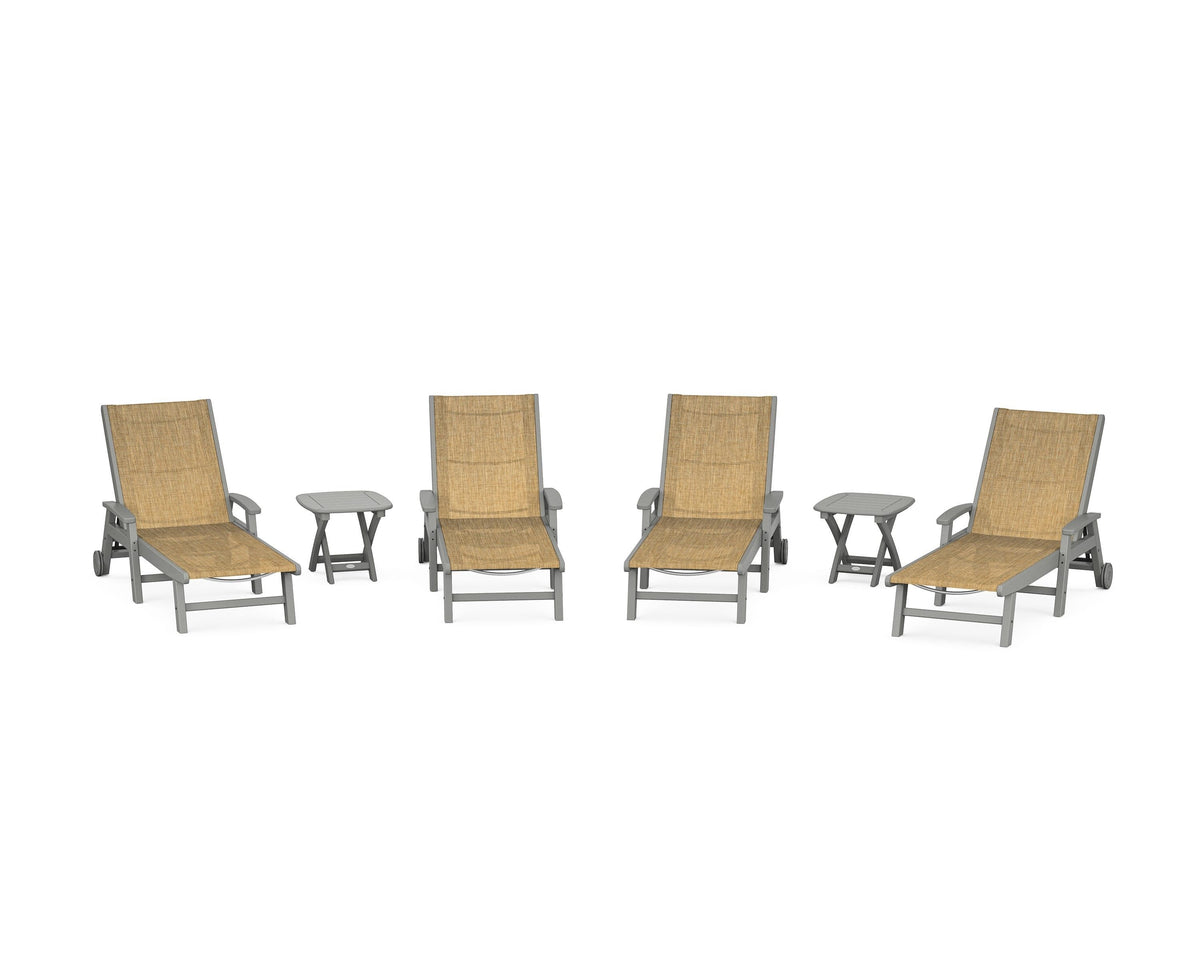 POLYWOOD Coastal Chaise 6-Piece Set with Wheels in Slate Grey / Burlap