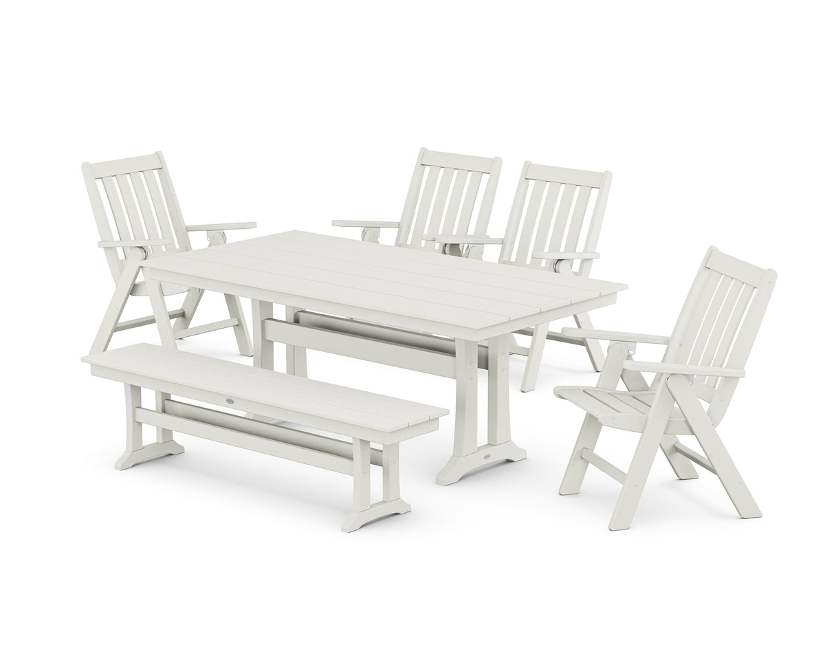 POLYWOOD Vineyard 6-Piece Folding Chair Farmhouse Dining Set with Trestle Legs and Bench in Vintage White
