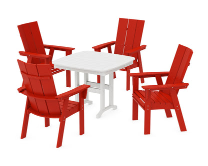 POLYWOOD Modern Curveback Adirondack 5-Piece Dining Set - 37" Table in Sunset Red / White