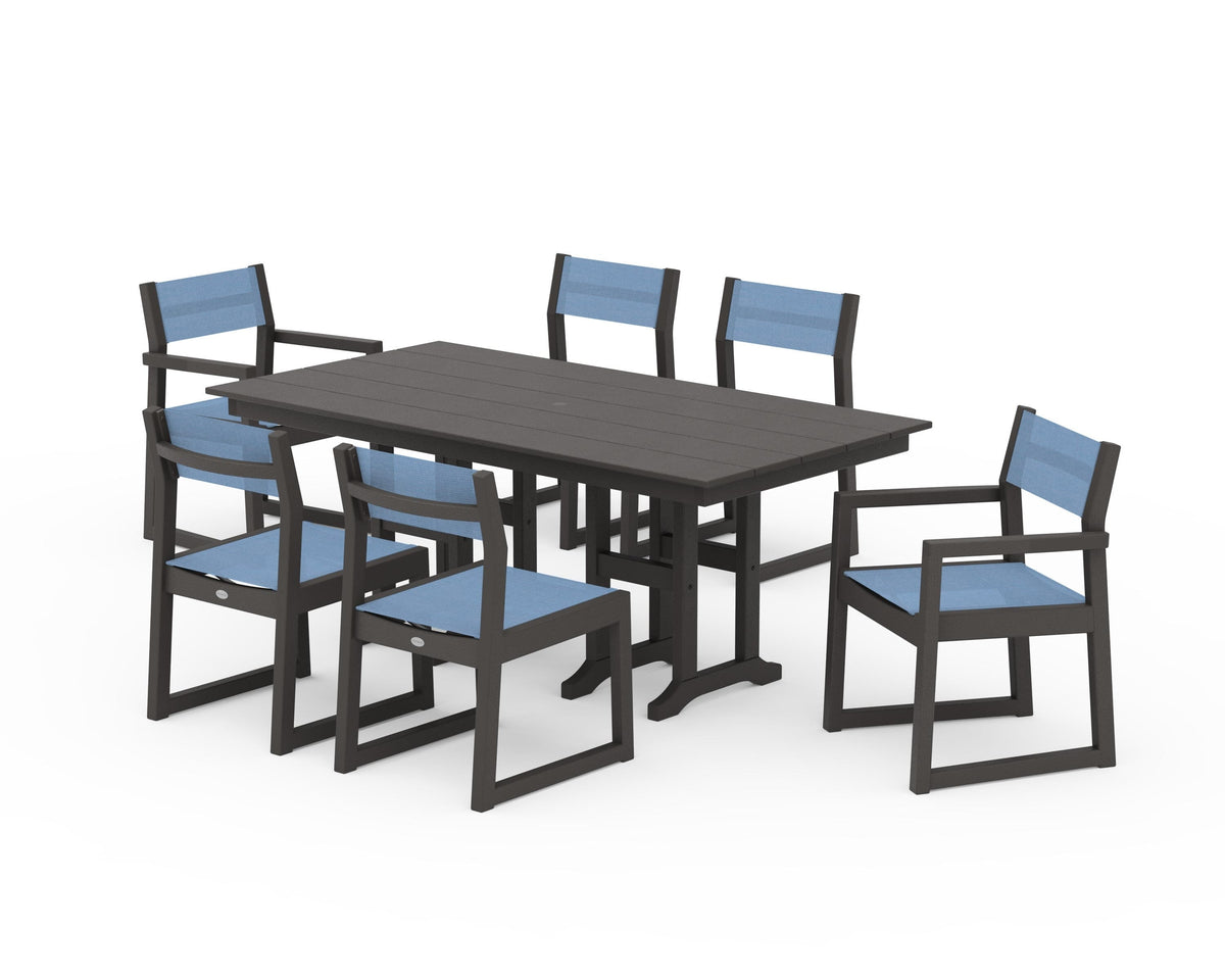 POLYWOOD EDGE Sling 7-Piece Farmhouse Dining Set in Vintage Coffee / Poolside