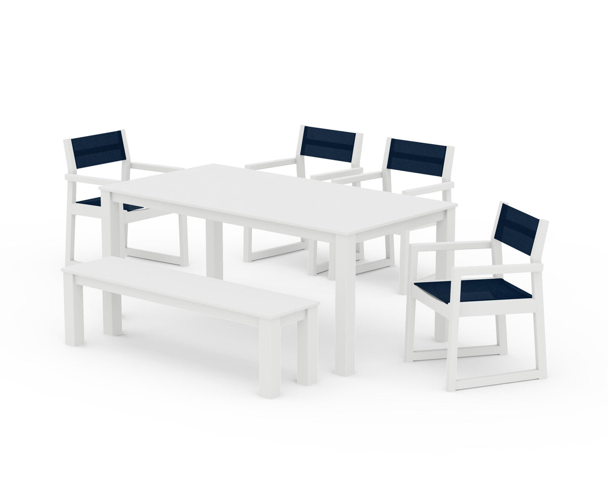 POLYWOOD EDGE Sling Arm Chair 6-Piece Parsons Dining Set with Bench in White / Navy Blue