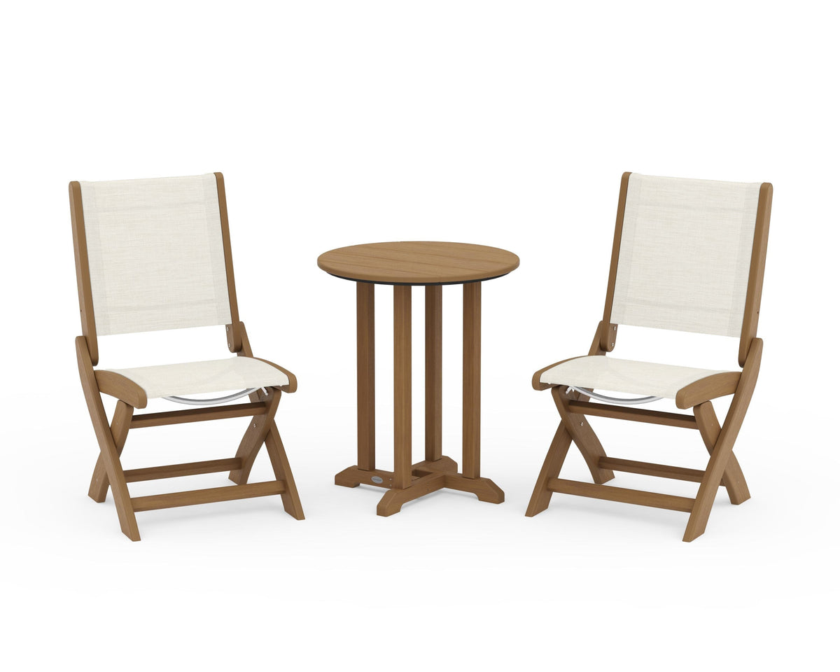 POLYWOOD Coastal Folding Side Chair 3-Piece Round Bistro Dining Set in Natural / Parchment