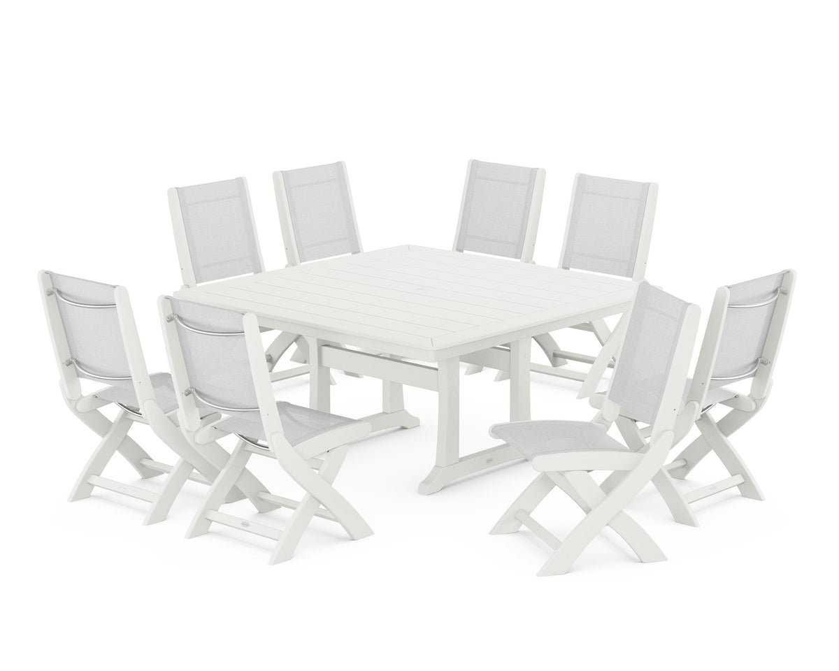 POLYWOOD Coastal Folding Side Chair 9-Piece Dining Set with Trestle Legs in Vintage White / White