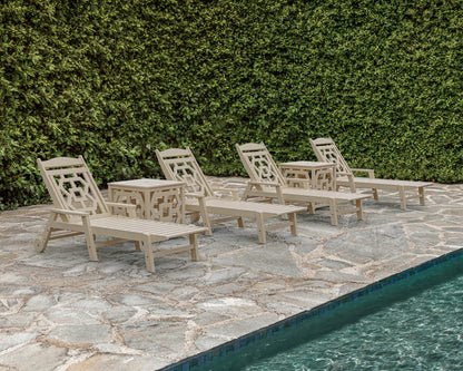 POLYWOOD Chinoiserie 6-Piece Chaise Set with Umbrella Stand Accent Table in Sand in an outdoor setting
