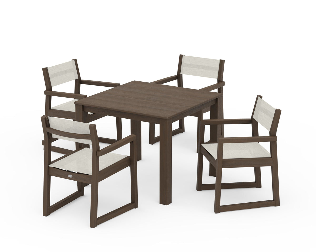 POLYWOOD EDGE Sling Arm Chair 5-Piece Parsons Dining Set in Kona / Parchment