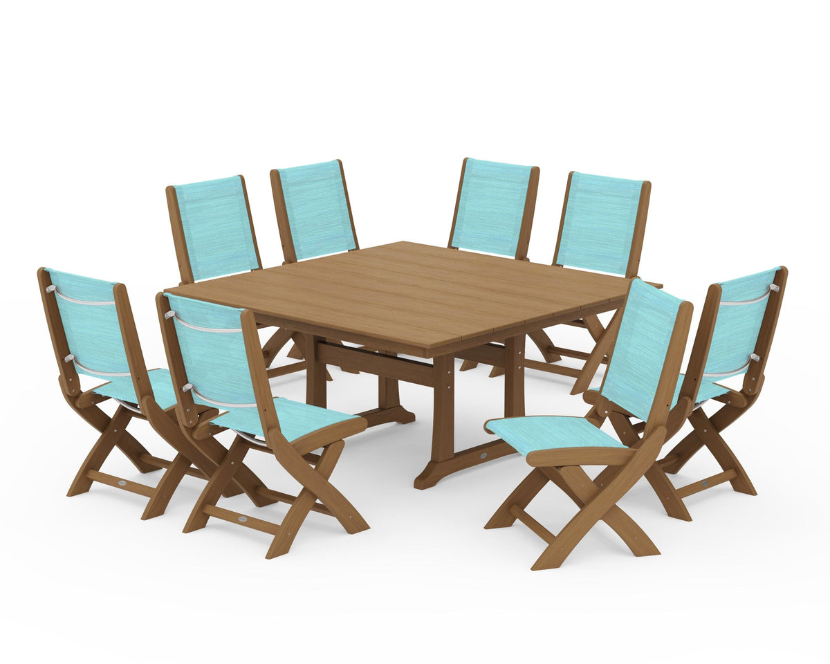 POLYWOOD Coastal Folding Side Chair 9-Piece Farmhouse Dining Set in Natural / Dupioni Aquamarine