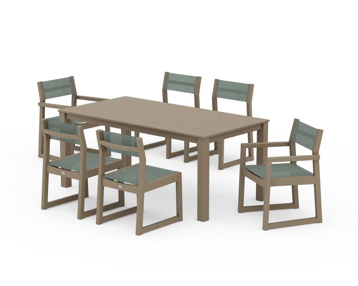POLYWOOD EDGE Sling 7-Piece Parsons Dining Set in Vintage Sahara / Dupioni Sea Mist