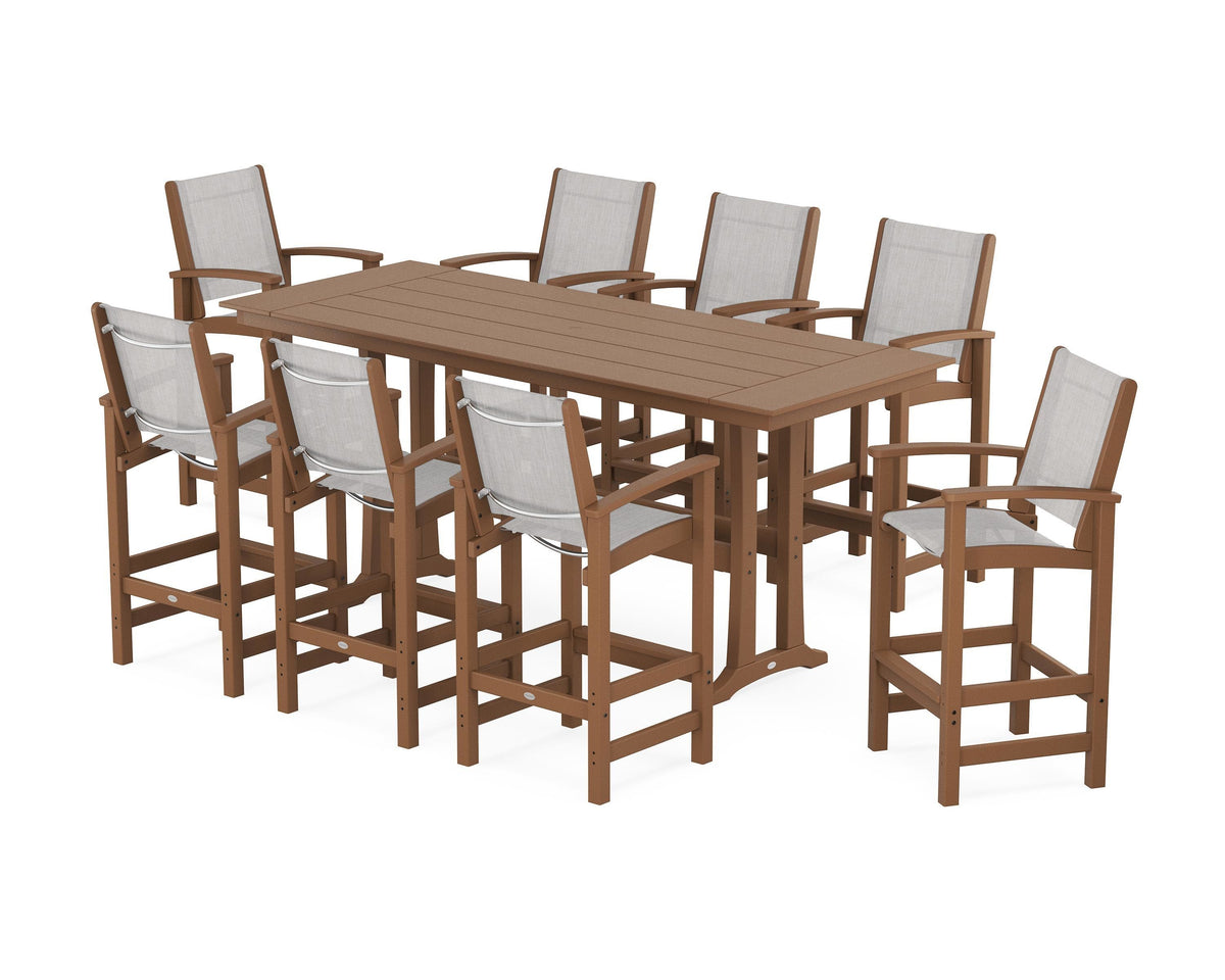 POLYWOOD Coastal 9-Piece Farmhouse Bar Set with Trestle Legs in Teak / Parchment