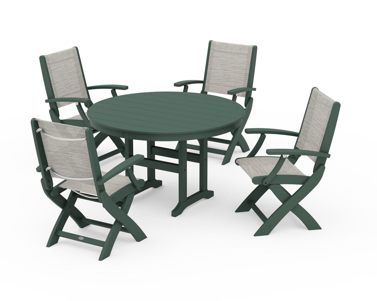 POLYWOOD Coastal Folding Chair 5-Piece Round Dining Set in Green / Birch