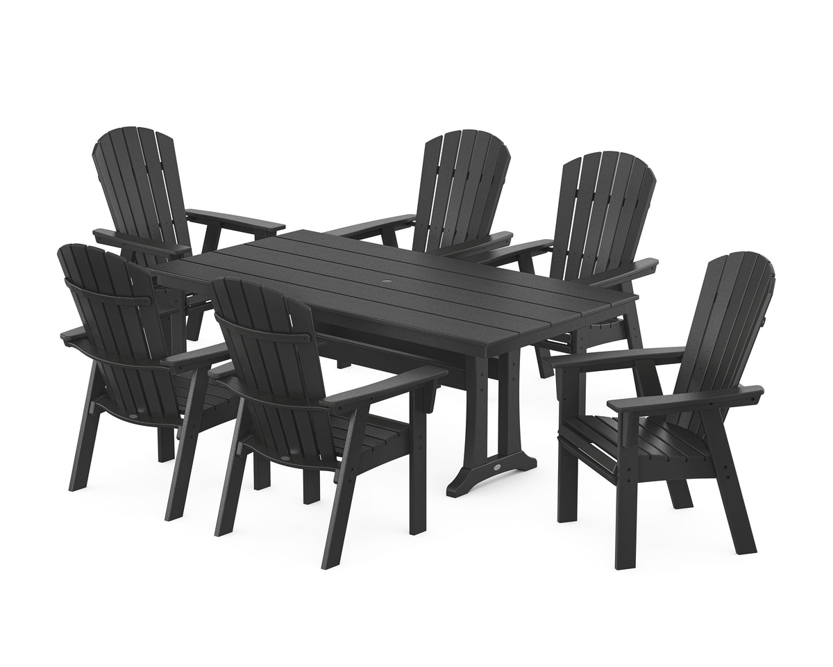 POLYWOOD Nautical Curveback Adirondack 7-Piece Farmhouse Dining Set with Trestle Legs in Black