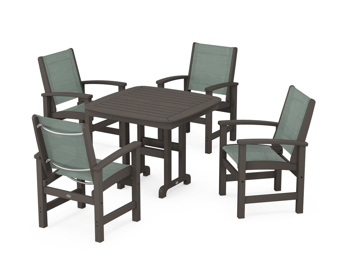 POLYWOOD Coastal 5-Piece Dining Set with Nautical 37" Dining Table in Vintage Coffee / Dupioni Sea Mist