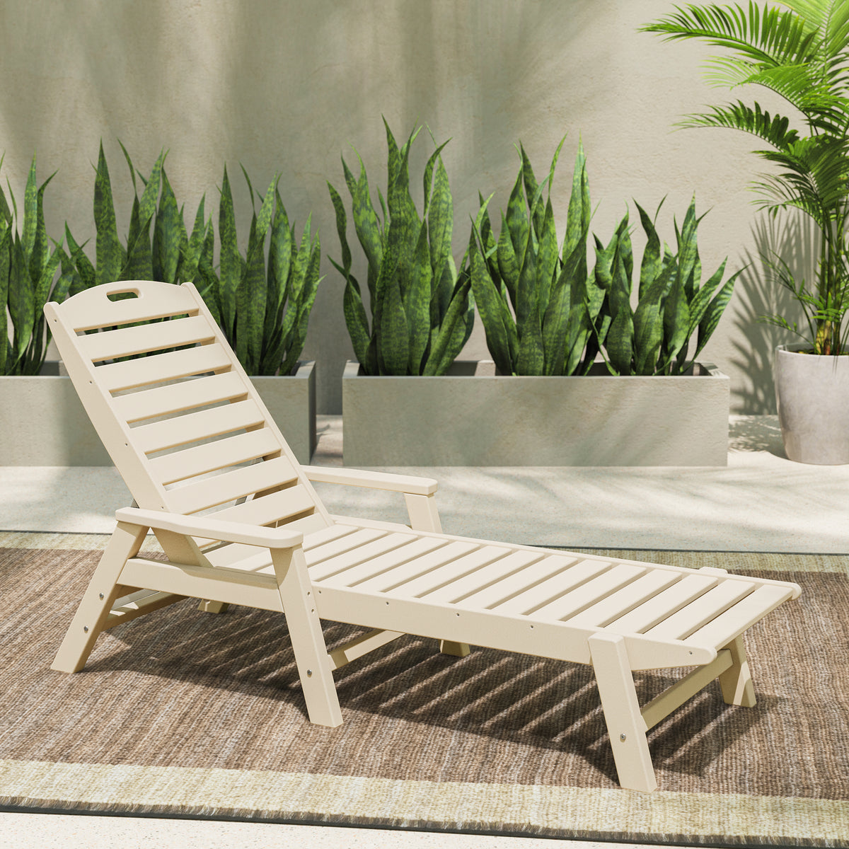 POLYWOOD Nautical Chaise with Arms in Sand in an outdoor setting
